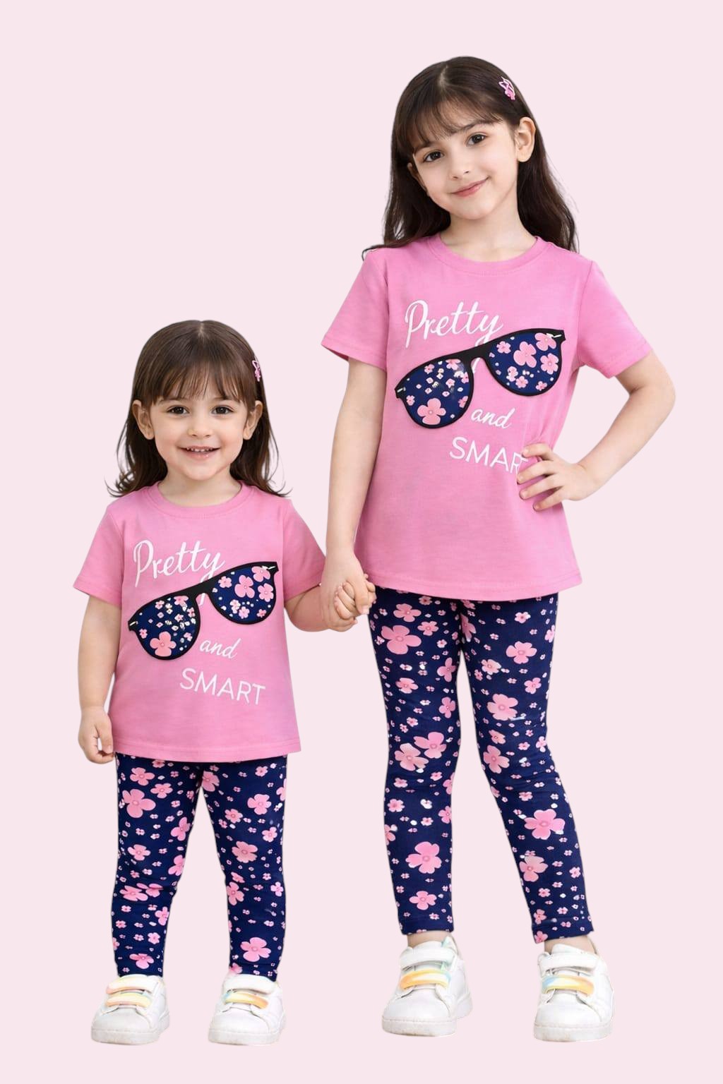 Girls Baby Long Pant Dress Set-Pink Sun Glass Print