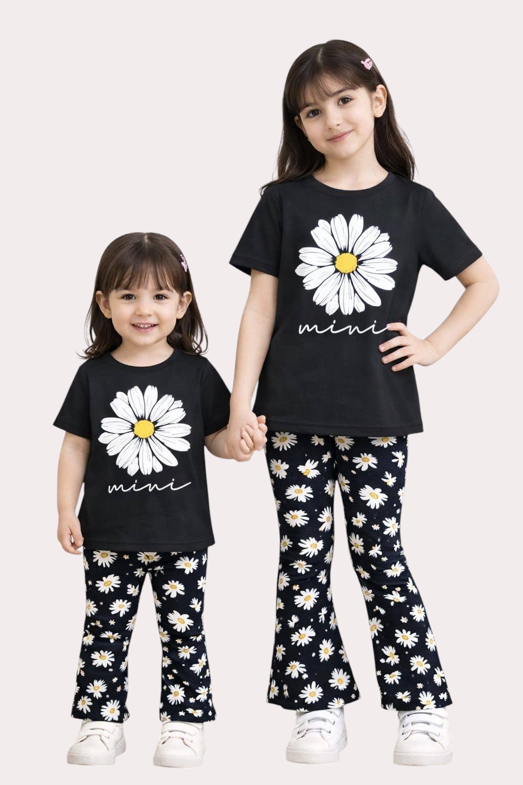 Girls Baby Long Pant Dress Set-Blackt flower Print