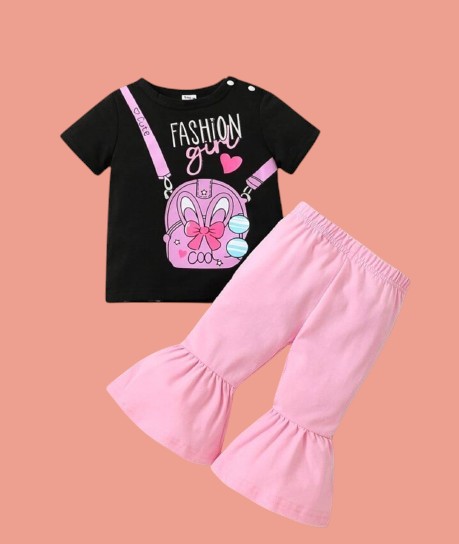 Girls Baby Long Pant Dress Set-Black Projapoti Prin-2